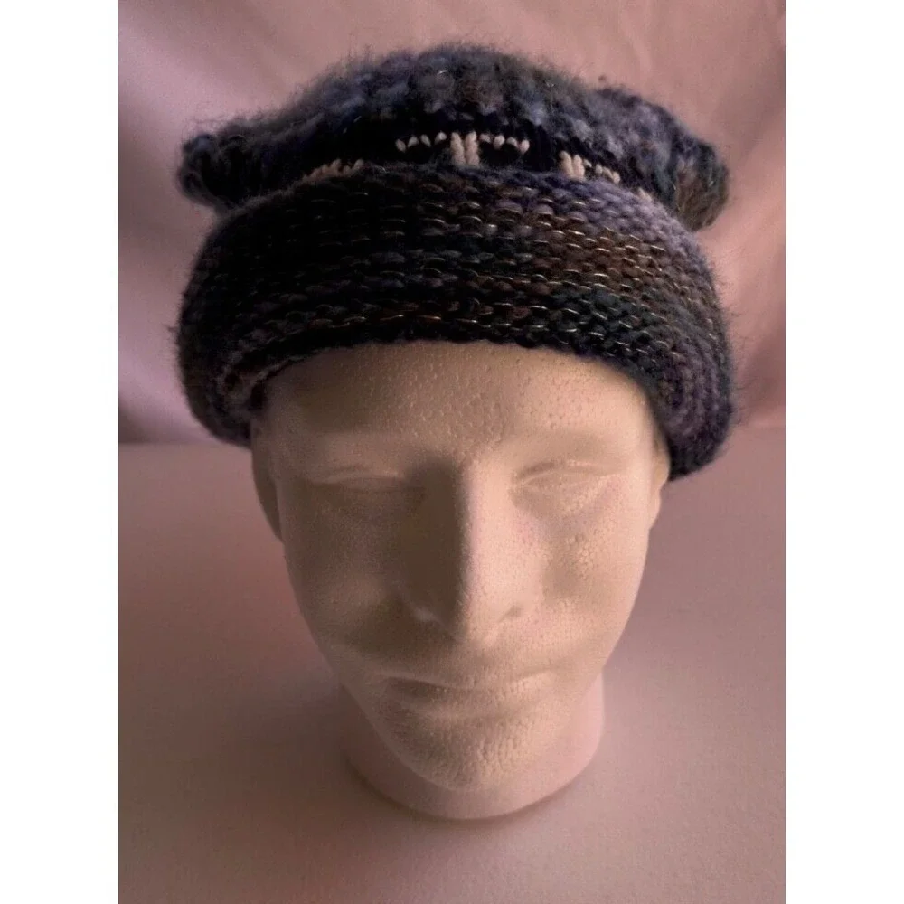 Amsterdam Blue Black Pom Pom Beanie Tassel Slouchy Knit Ski Winter Warm Hat